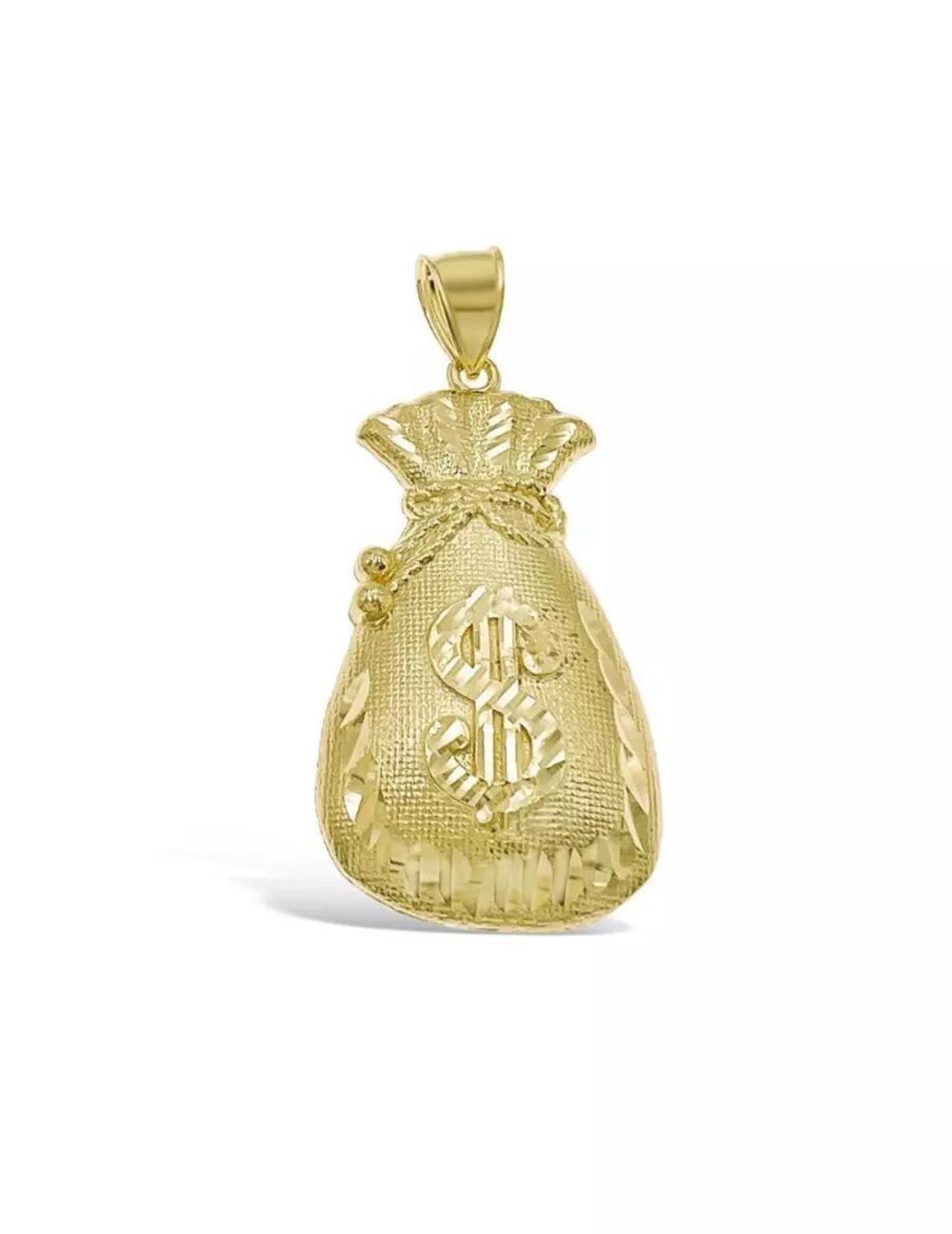 Money Bag Pendant 10k Yellow Gold Dollar Sign Charm 1.4"